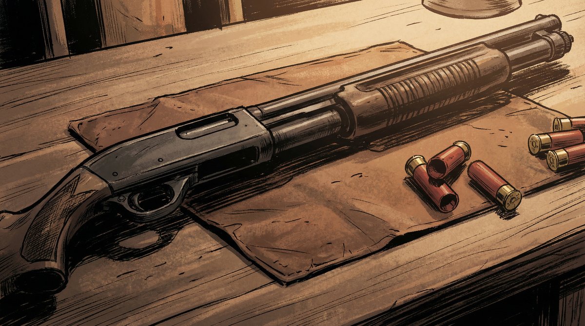 Conference room scene with shotgun on table atop cloth with shells