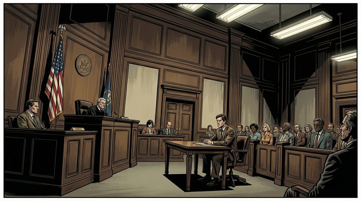 Courtroom wide shot with judge, attorneys, and gallery