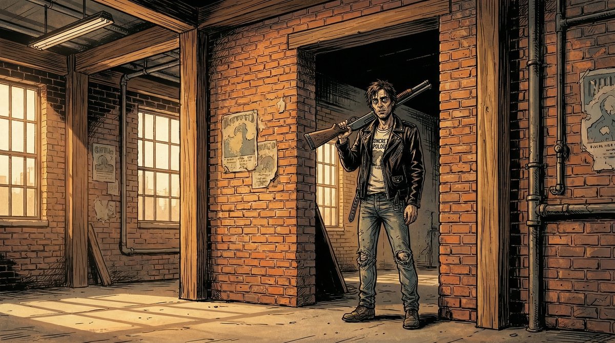 Damon standing in office doorway holding a shotgun